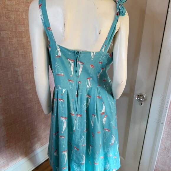 Knitted Dove Blue Retro Sailboat Print Dress sz L - Picture 5 of 12